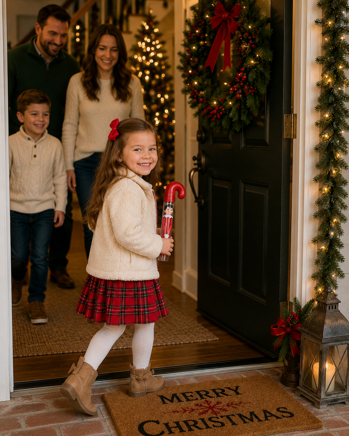 Child arriving home for the holidays holding an Elf Carrier