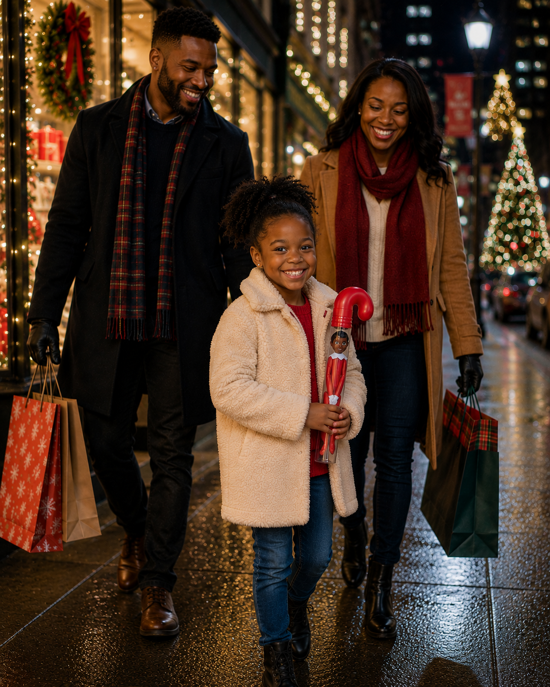 Family holiday shopping with a child holding an Elf Carrier